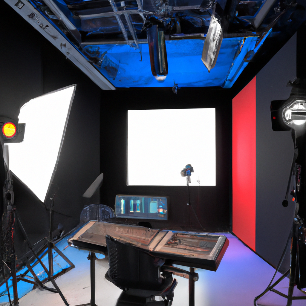 Wide webinar studio with LED panels, cameras, mixer desk and softbox lighting